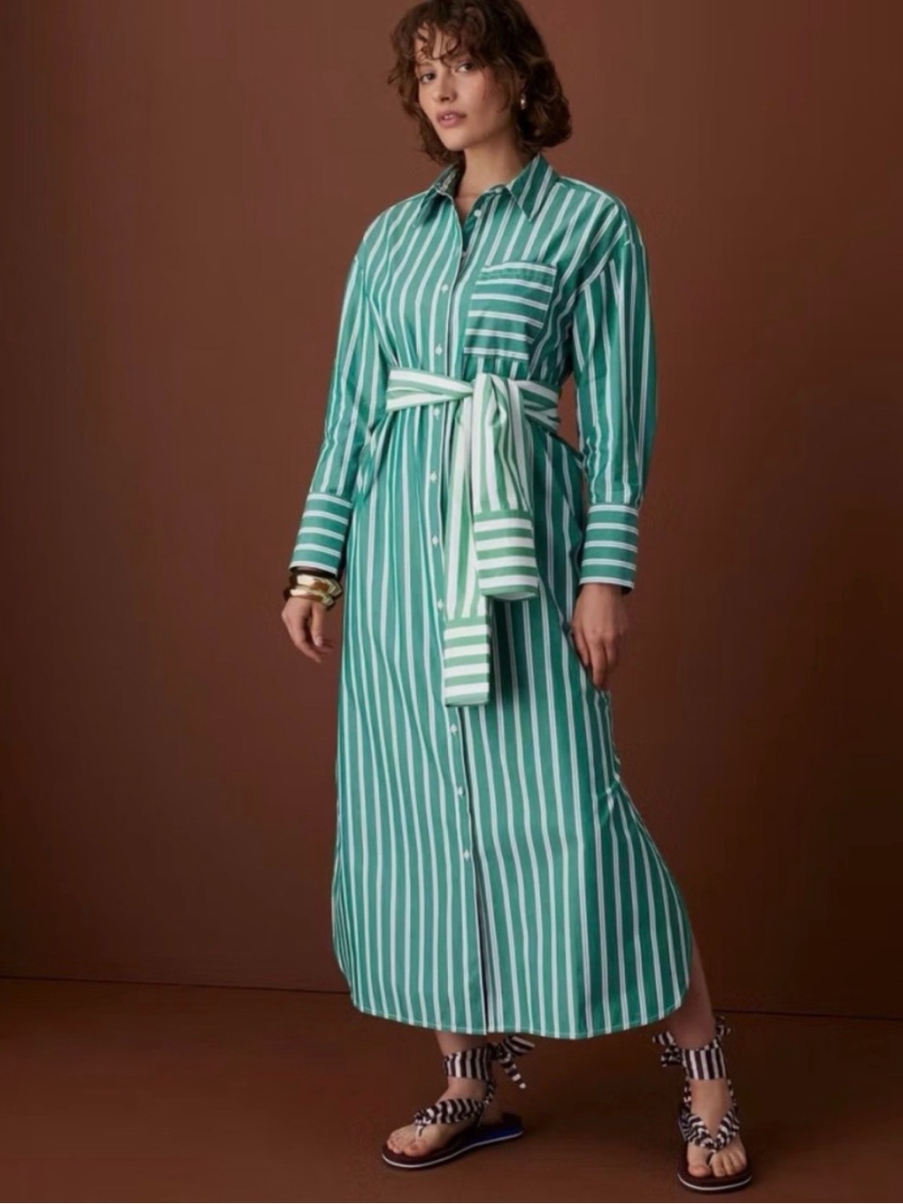 Rosie Assoulin Women's Long Sleeve Tie-Waist Striped Poplin Maxi Shirt Dress S